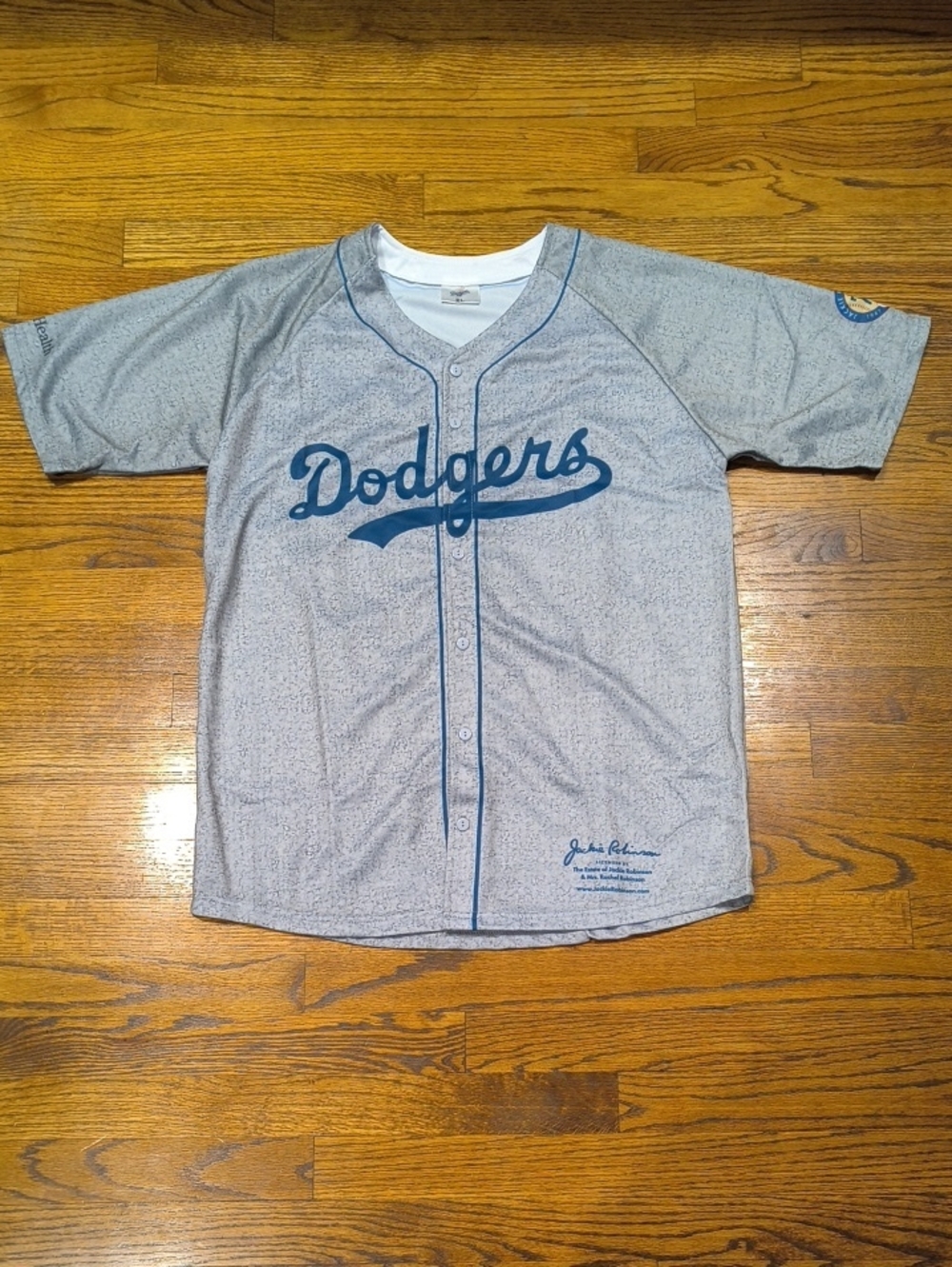 Los Angeles Jackie Robinson Dodgers Grey Button-Up Jersey with Blue Script